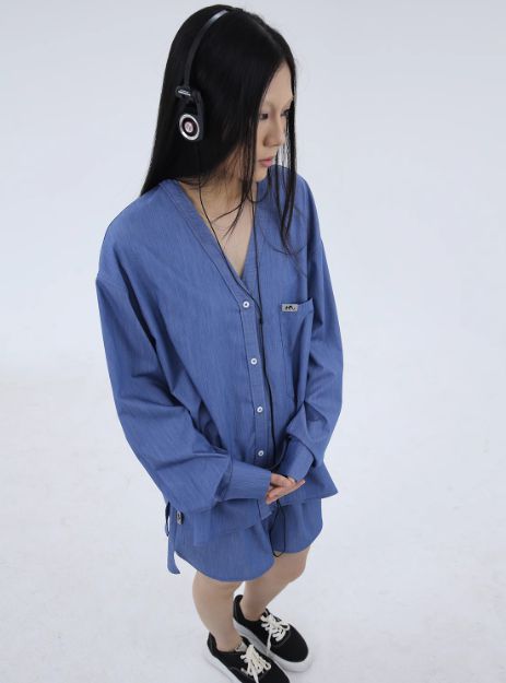 Kei V-Neck Buttoned Flow Shirt & Shorts Set-korean-fashion-Clothing Set-Kei's Closet-OH Garments