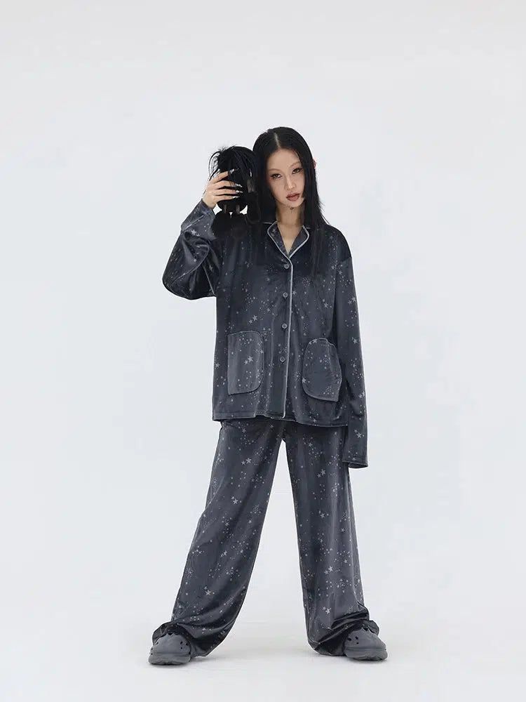 Kei Velvet Star Print Cardigan & Pants Set-korean-fashion-Clothing Set-Kei's Closet-OH Garments