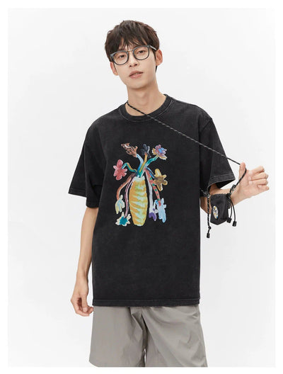 Lai Vase Flowers Painted T-Shirt-korean-fashion-T-Shirt-Lai's Closet-OH Garments