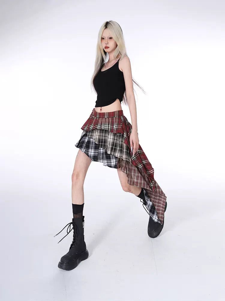 Lazy Asymmetric Plaid Pleated Skirt-korean-fashion-Skirt-Lazy's Closet-OH Garments