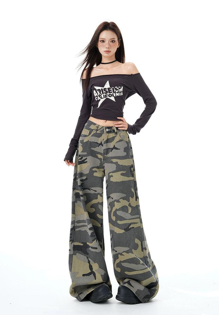 Lazy Camouflage Pattern Wide Leg Jeans-korean-fashion-Jeans-Lazy's Closet-OH Garments