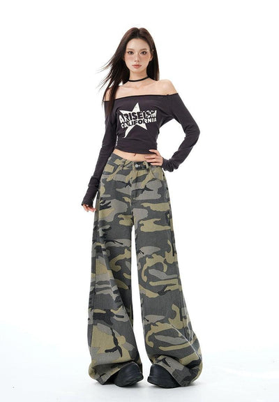 Lazy Camouflage Pattern Wide Leg Jeans-korean-fashion-Jeans-Lazy's Closet-OH Garments