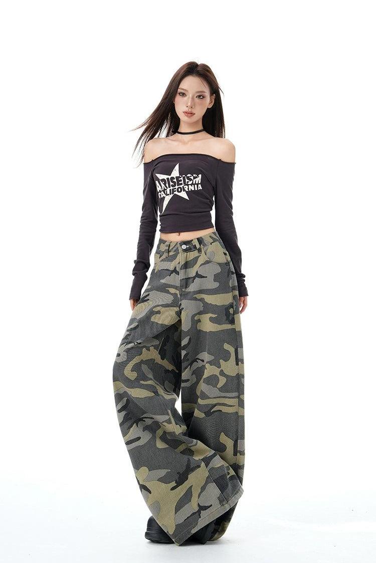 Lazy Camouflage Pattern Wide Leg Jeans-korean-fashion-Jeans-Lazy's Closet-OH Garments