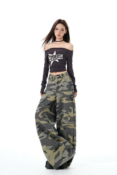 Lazy Camouflage Pattern Wide Leg Jeans-korean-fashion-Jeans-Lazy's Closet-OH Garments