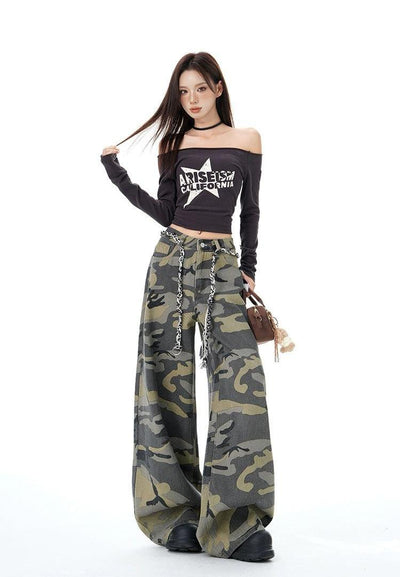 Lazy Camouflage Pattern Wide Leg Jeans-korean-fashion-Jeans-Lazy's Closet-OH Garments