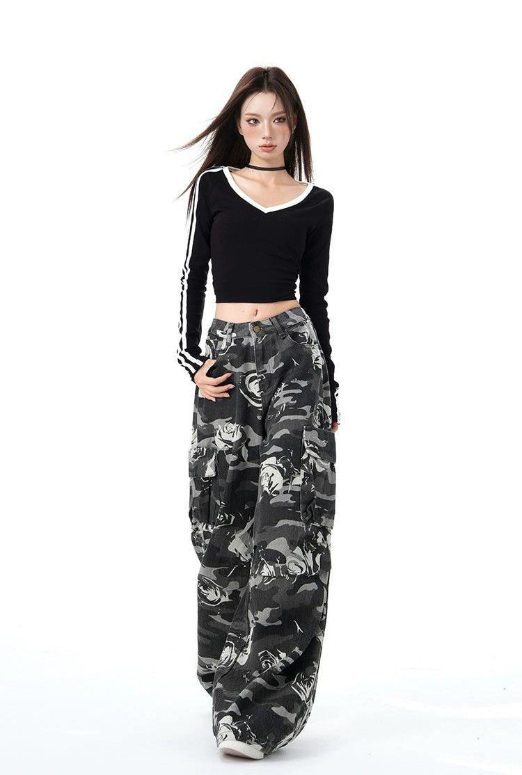 Lazy Camouflage Rose Pattern Wide Jeans-korean-fashion-Jeans-Lazy's Closet-OH Garments