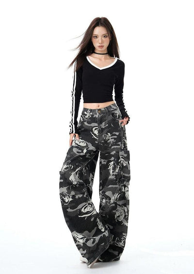 Lazy Camouflage Rose Pattern Wide Jeans-korean-fashion-Jeans-Lazy's Closet-OH Garments