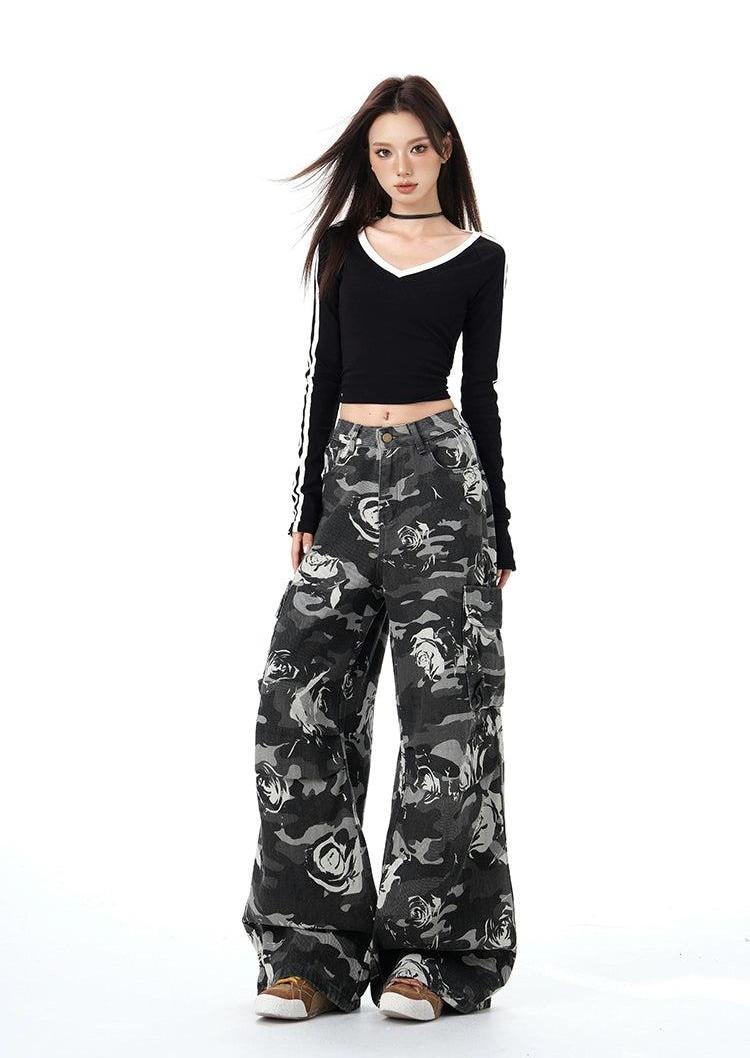 Lazy Camouflage Rose Pattern Wide Jeans-korean-fashion-Jeans-Lazy's Closet-OH Garments