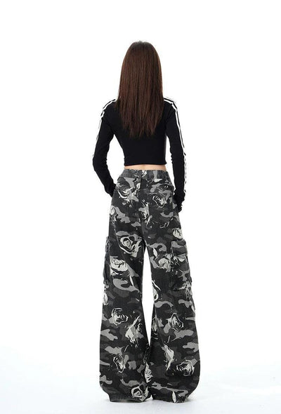 Lazy Camouflage Rose Pattern Wide Jeans-korean-fashion-Jeans-Lazy's Closet-OH Garments