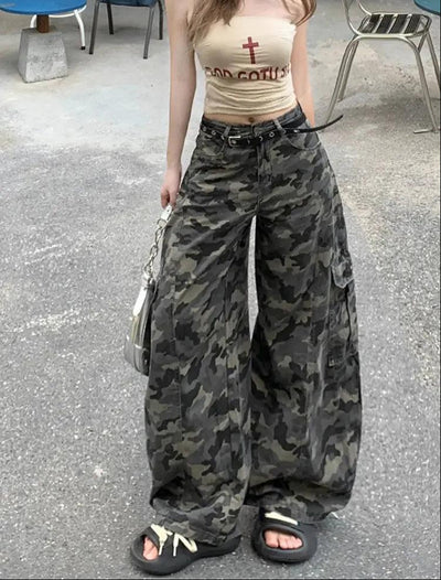 Lazy Camouflage Wide Leg Cargo Pants-korean-fashion-Pants-Lazy's Closet-OH Garments