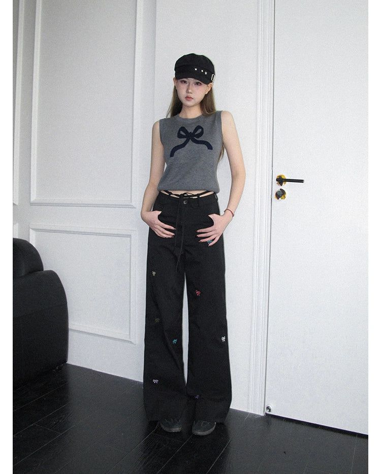 Lazy Casual Bow Embroidery Pants-korean-fashion-Pants-Lazy's Closet-OH Garments
