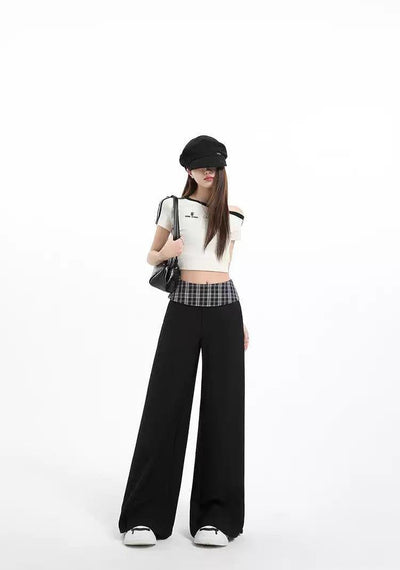 Lazy Check Double Waist Flared Pants-korean-fashion-Pants-Lazy's Closet-OH Garments