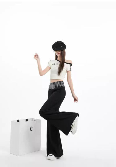 Lazy Check Double Waist Flared Pants-korean-fashion-Pants-Lazy's Closet-OH Garments