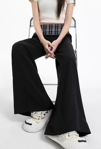 Lazy Check Double Waist Flared Pants-korean-fashion-Pants-Lazy's Closet-OH Garments