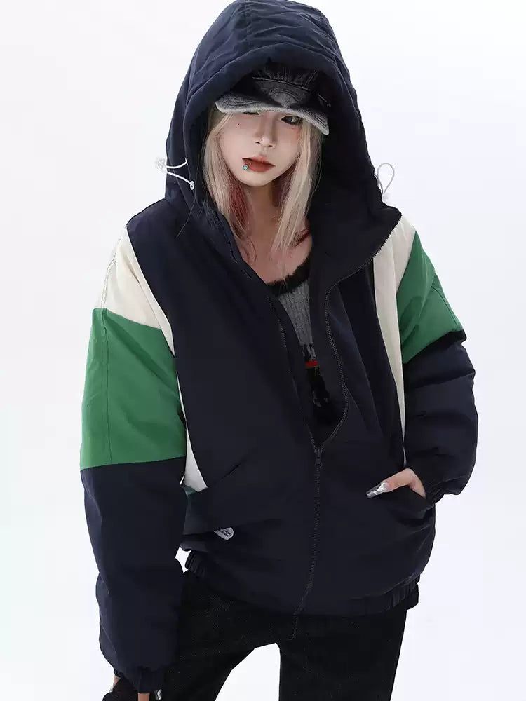 Lazy Contrast Hooded Puffer Jacket-korean-fashion-Jacket-Lazy's Closet-OH Garments