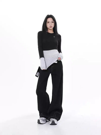 Lazy Contrast Layered Long Sleeve T-Shirt-korean-fashion-T-Shirt-Lazy's Closet-OH Garments