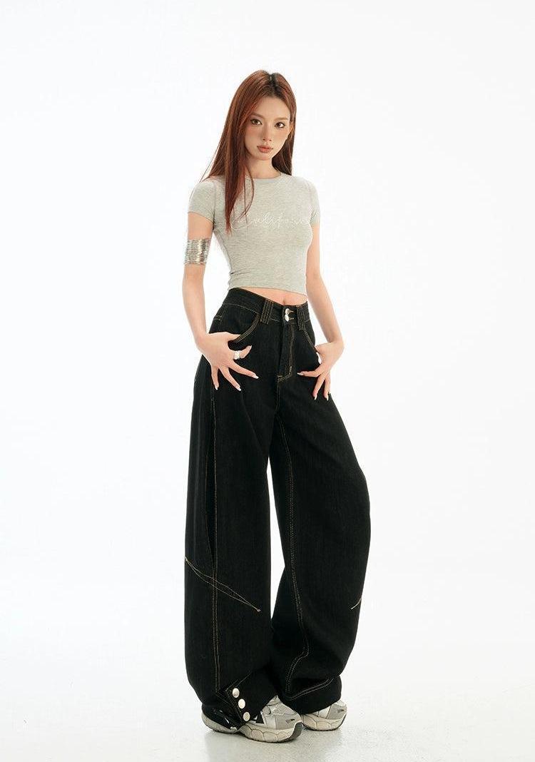 Lazy Contrast Stitched Folded Cuff Jeans-korean-fashion-Jeans-Lazy's Closet-OH Garments