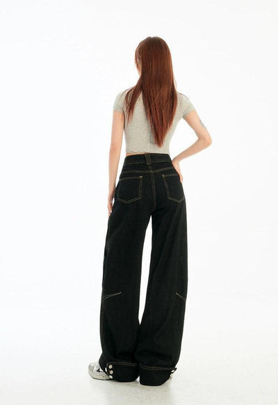 Lazy Contrast Stitched Folded Cuff Jeans-korean-fashion-Jeans-Lazy's Closet-OH Garments