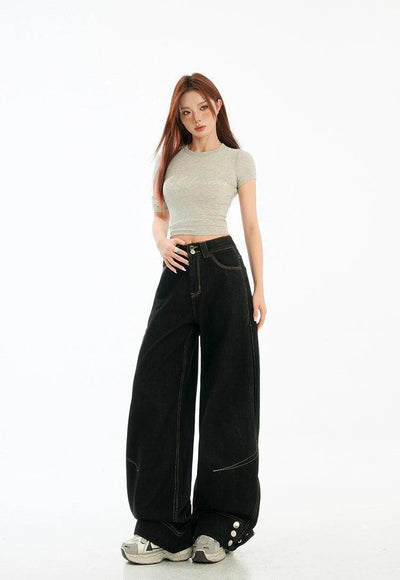 Lazy Contrast Stitched Folded Cuff Jeans-korean-fashion-Jeans-Lazy's Closet-OH Garments