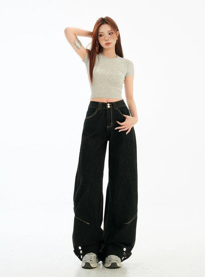 Lazy Contrast Stitched Folded Cuff Jeans-korean-fashion-Jeans-Lazy's Closet-OH Garments