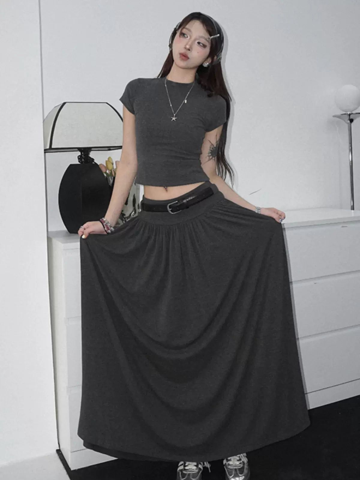Lazy Cozy Elastic Pleats Long Skirt-korean-fashion-Skirt-Lazy's Closet-OH Garments