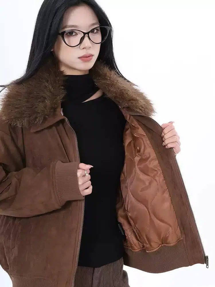 Lazy Detachable Faux Fur Collar PU Leather Jacket-korean-fashion-Jacket-Lazy's Closet-OH Garments