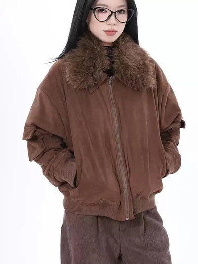 Lazy Detachable Faux Fur Collar PU Leather Jacket-korean-fashion-Jacket-Lazy's Closet-OH Garments