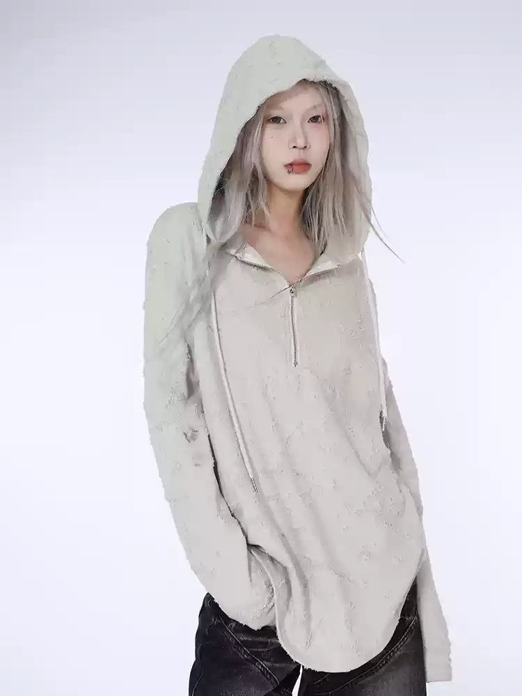 Lazy Distressed Half-Zip Hoodie-korean-fashion-Jacket-Lazy's Closet-OH Garments