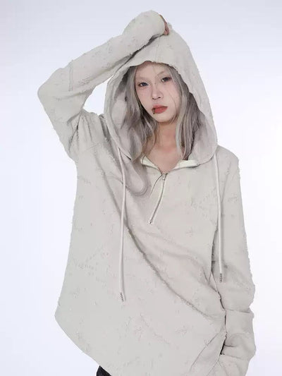 Lazy Distressed Half-Zip Hoodie-korean-fashion-Jacket-Lazy's Closet-OH Garments