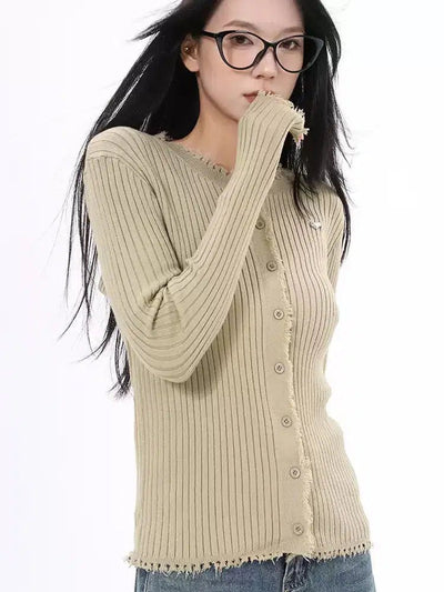 Lazy Distressed Outline Ribbed Knit Cardigan-korean-fashion-Cardigan-Lazy's Closet-OH Garments