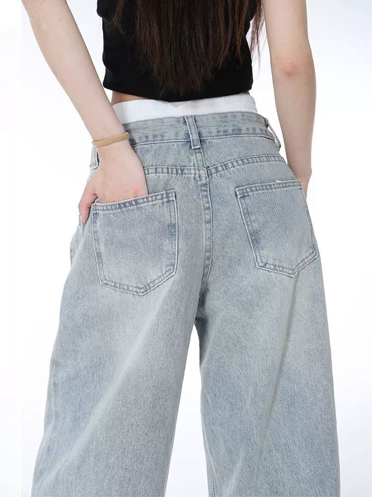 Lazy Double-Waist Drawstring Fade Jeans-korean-fashion-Jeans-Lazy's Closet-OH Garments