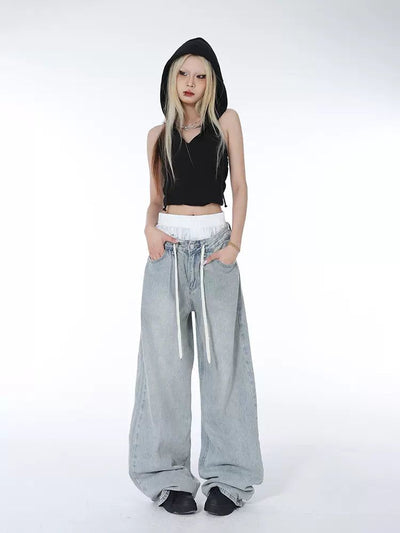 Lazy Double-Waist Drawstring Fade Jeans-korean-fashion-Jeans-Lazy's Closet-OH Garments