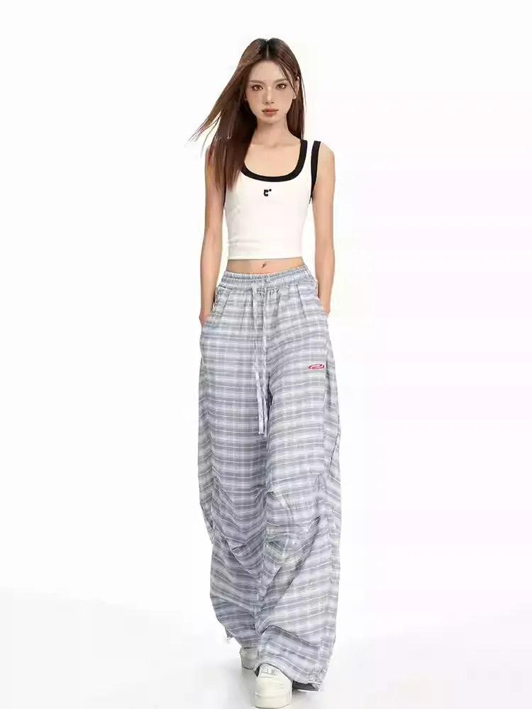 Lazy Drawstring Pleated Checkered Pants-korean-fashion-Pants-Lazy's Closet-OH Garments