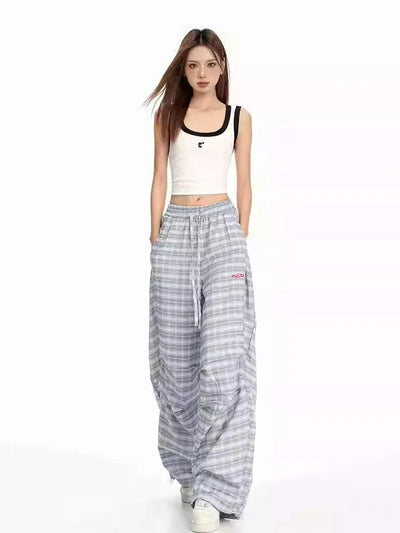 Lazy Drawstring Pleated Checkered Pants-korean-fashion-Pants-Lazy's Closet-OH Garments