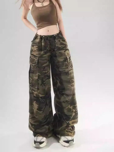 Lazy Drawstring Waist Camouflage Cargo Pants-korean-fashion-Pants-Lazy's Closet-OH Garments