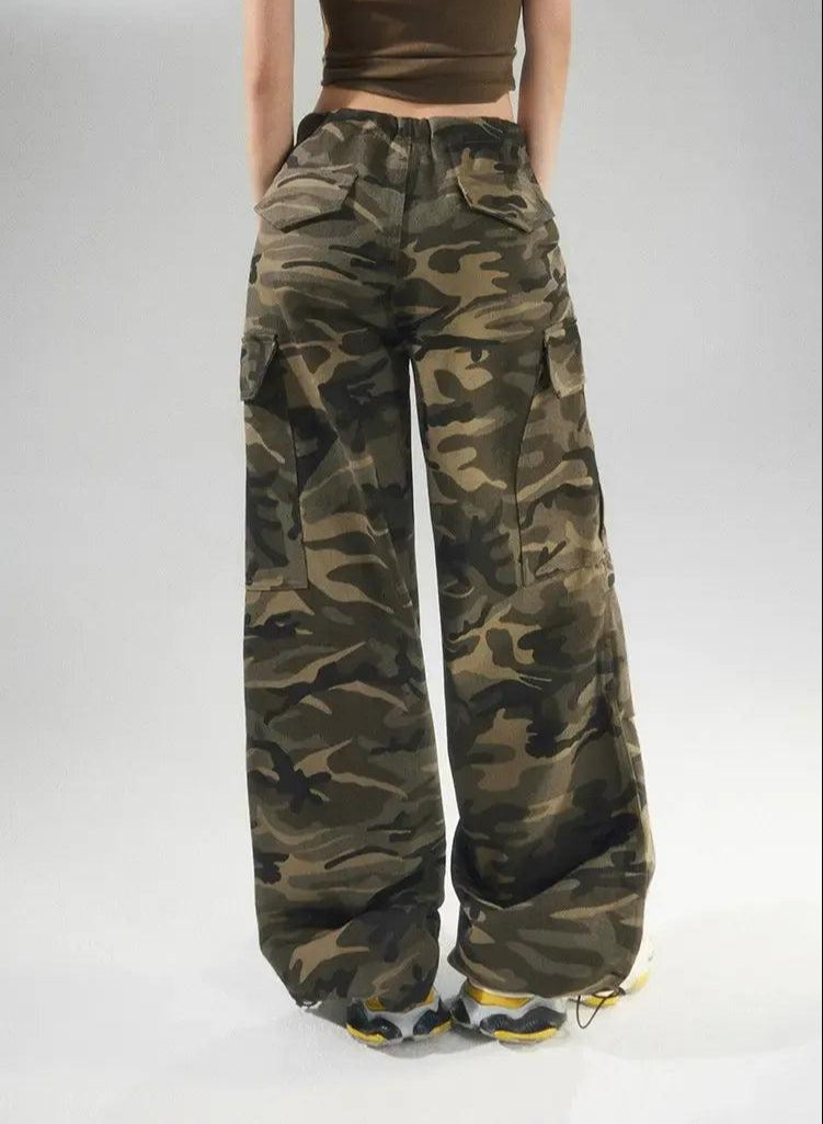 Lazy Drawstring Waist Camouflage Cargo Pants-korean-fashion-Pants-Lazy's Closet-OH Garments