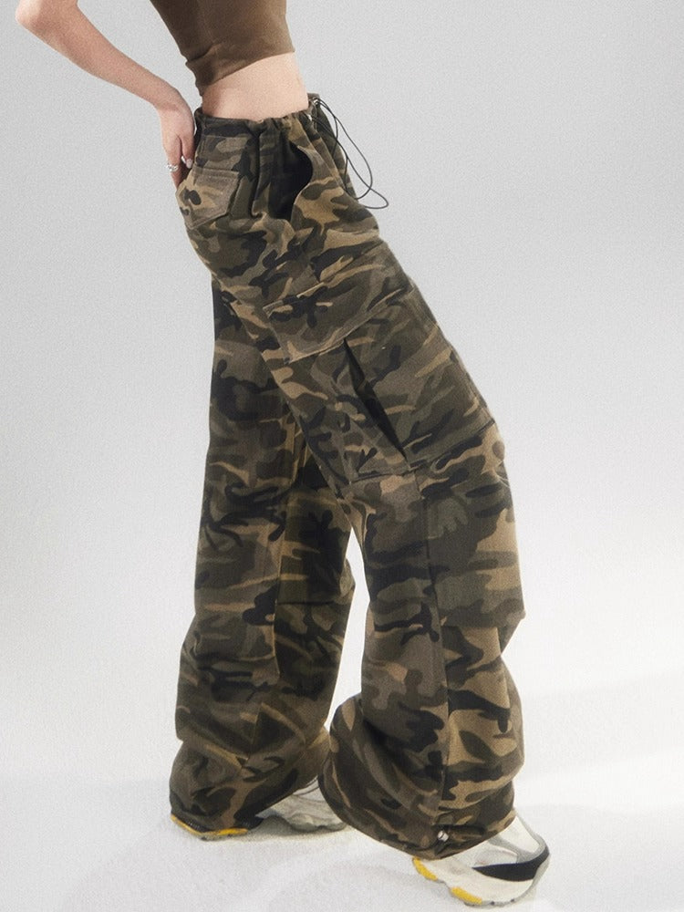 Lazy Drawstring Waist Camouflage Cargo Pants-korean-fashion-Pants-Lazy's Closet-OH Garments