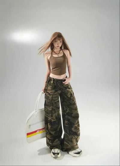 Lazy Drawstring Waist Camouflage Cargo Pants-korean-fashion-Pants-Lazy's Closet-OH Garments