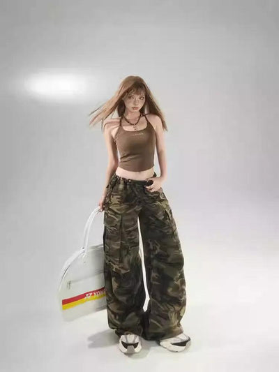 Lazy Drawstring Waist Camouflage Cargo Pants-korean-fashion-Pants-Lazy's Closet-OH Garments