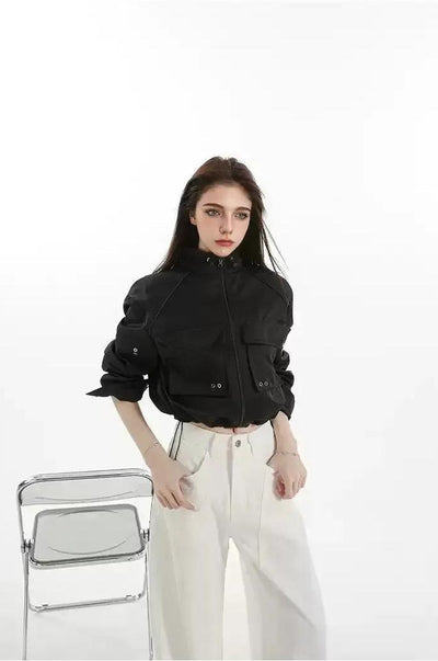 Lazy Embossed Pocket Cropped Moto Jacket-korean-fashion-Jacket-Lazy's Closet-OH Garments