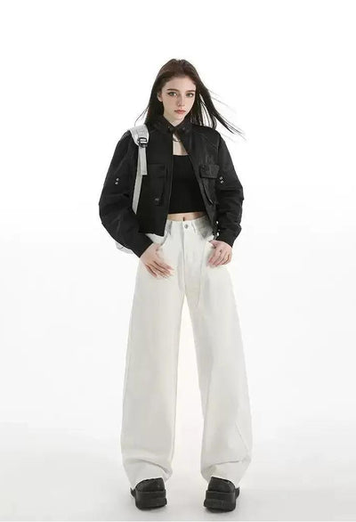 Lazy Embossed Pocket Cropped Moto Jacket-korean-fashion-Jacket-Lazy's Closet-OH Garments