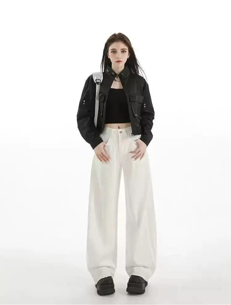 Lazy Embossed Pocket Cropped Moto Jacket-korean-fashion-Jacket-Lazy's Closet-OH Garments