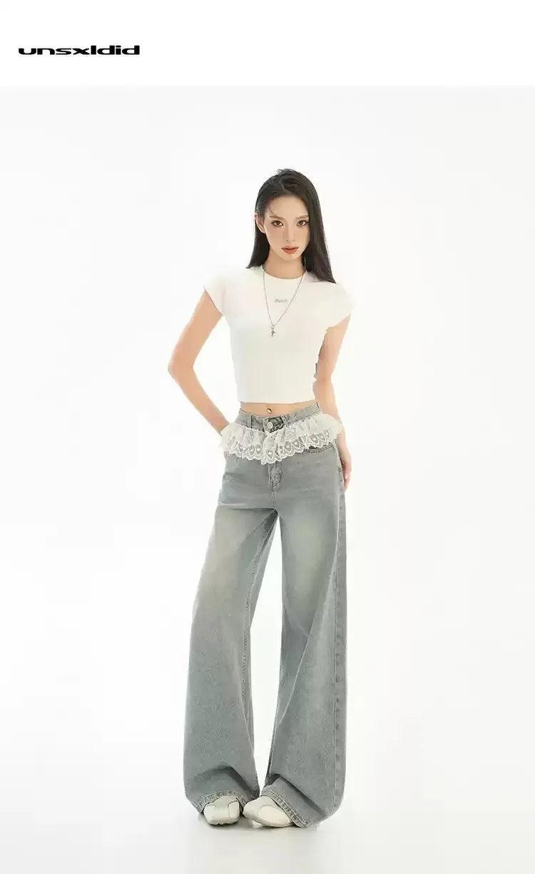 Lazy Faded Lace Detail Jeans-korean-fashion-Jeans-Lazy's Closet-OH Garments
