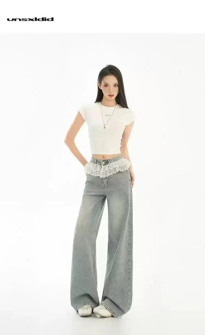 Lazy Faded Lace Detail Jeans-korean-fashion-Jeans-Lazy's Closet-OH Garments