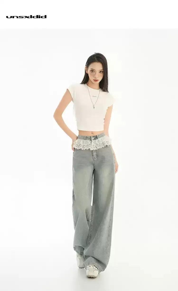 Lazy Faded Lace Detail Jeans-korean-fashion-Jeans-Lazy's Closet-OH Garments