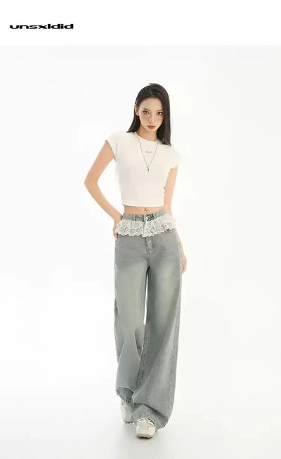Lazy Faded Lace Detail Jeans-korean-fashion-Jeans-Lazy's Closet-OH Garments