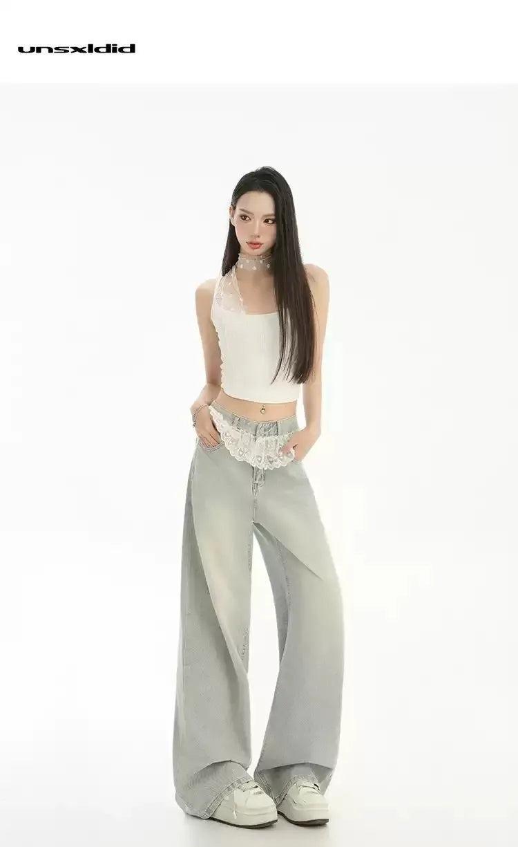 Lazy Faded Lace Detail Jeans-korean-fashion-Jeans-Lazy's Closet-OH Garments
