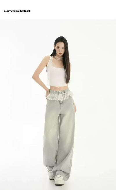 Lazy Faded Lace Detail Jeans-korean-fashion-Jeans-Lazy's Closet-OH Garments