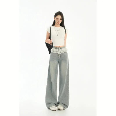Lazy Faded Lace Detail Jeans-korean-fashion-Jeans-Lazy's Closet-OH Garments