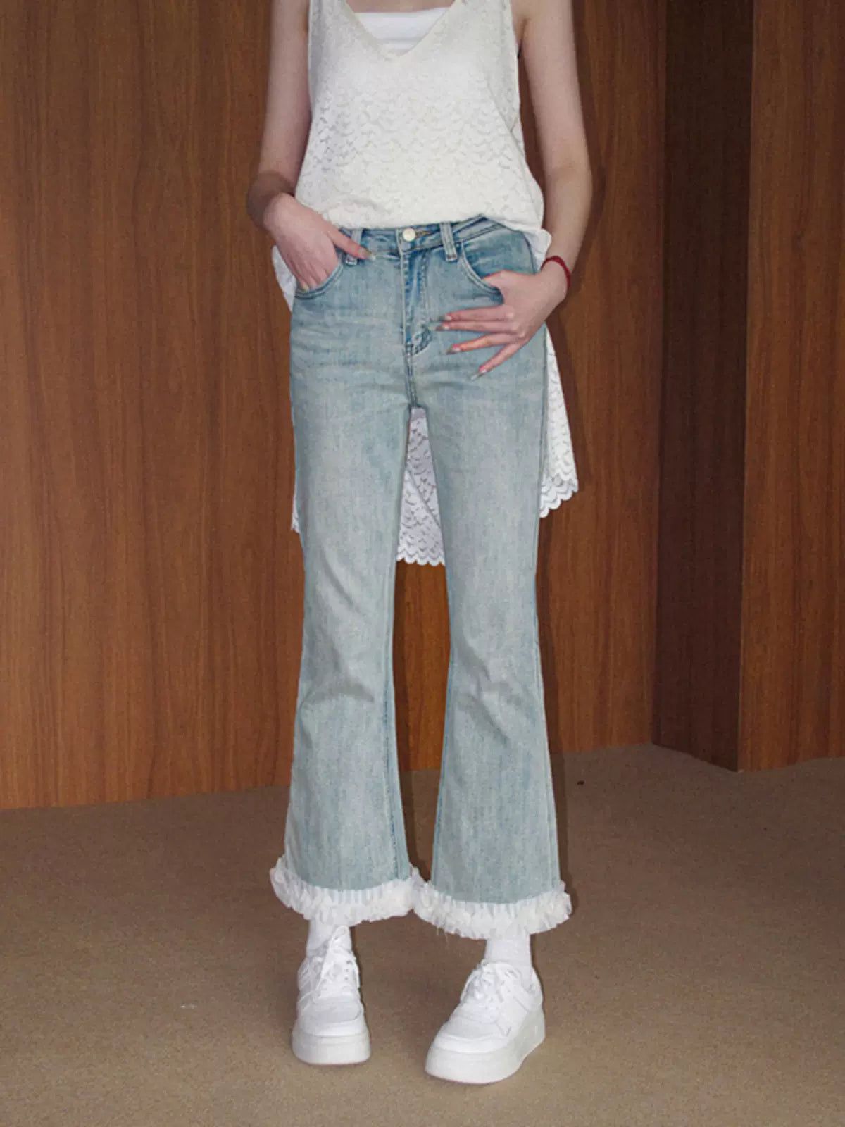 Lazy Faded Lace Spliced Flared Jeans-korean-fashion-Jeans-Lazy's Closet-OH Garments
